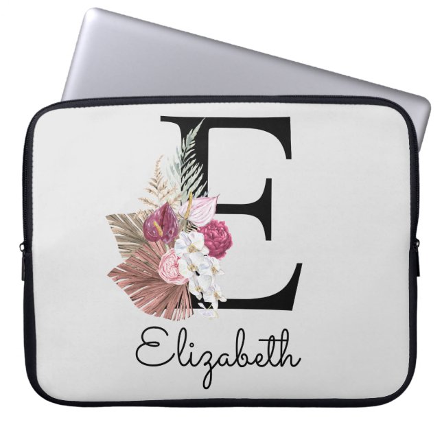 Modern Pink Boho Girly Floral Initial E Laptop Sleeve (Front)
