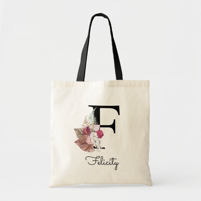 Modern Pink Boho Girly Floral Initial F Tote Bag (Front)