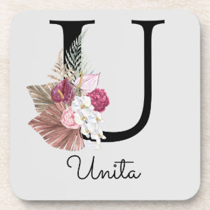 Modern Pink Boho Girly Floral Initial U Coaster
