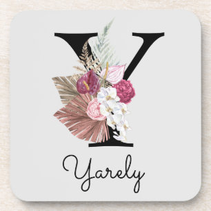Modern Pink Boho Girly Floral Initial Y Coaster