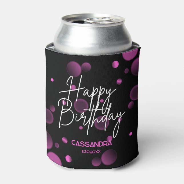 Modern Pink Bokeh Gradient Black Happy Birthday Can Cooler (Can Front)