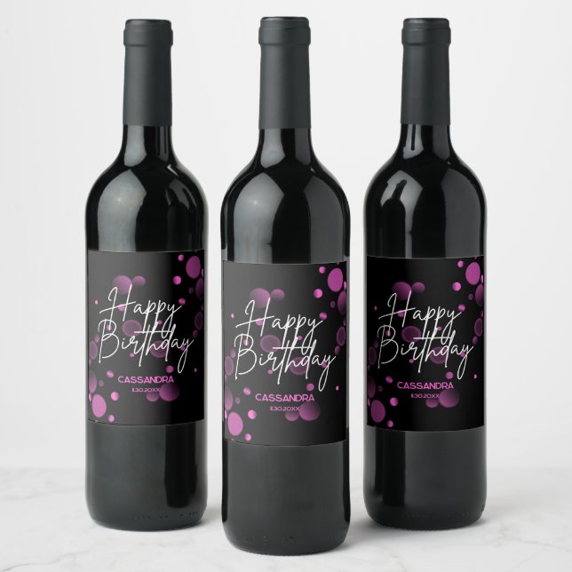 Modern Pink Bokeh Gradient Black Happy Birthday Wine Label (Bottles)