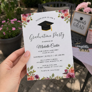 Modern Pink Botanical Floral Girl Graduation Party Invitation