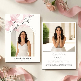 Modern Pink Bow 2 Photo Graduation Announcement