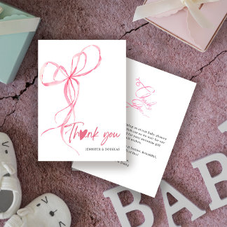 Modern Pink Bow Baby Shower Ribbon Heart Thank You Card