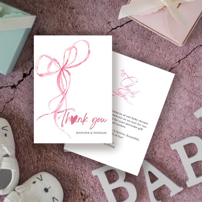 Modern Pink Bow Baby Shower Ribbon Heart Thank You Card (Creator Uploaded)