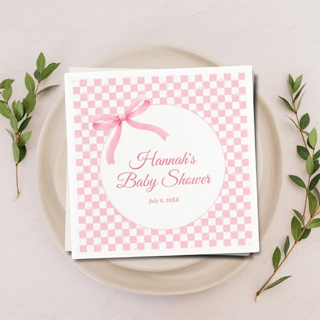 Modern Pink Bow Chequered Baby Shower Napkins (Modern Coquette Gingham Checkered Baby Shower Napkins)