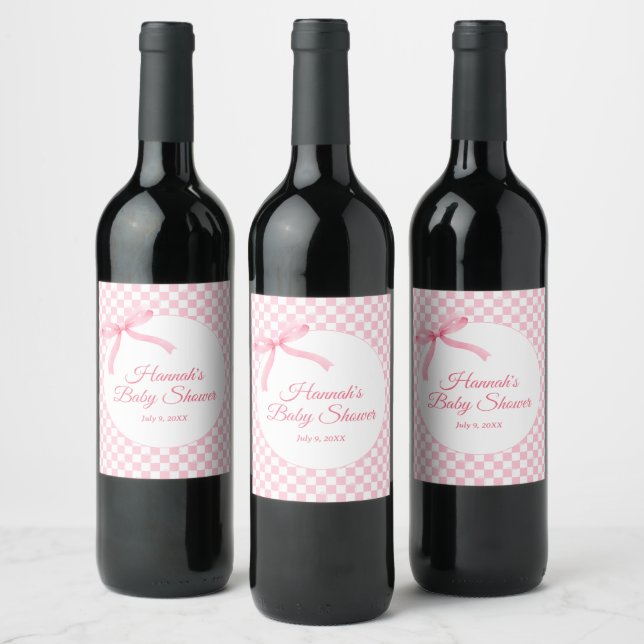 Modern Pink Bow Chequered Baby Shower Wine Labels (Bottles)