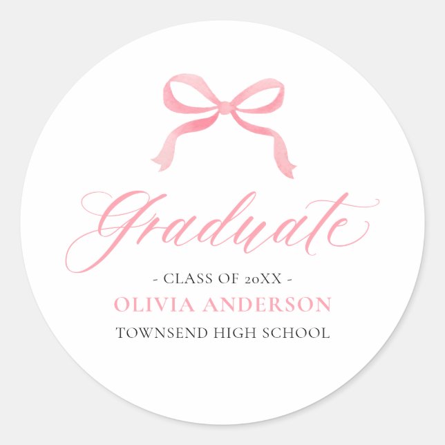 Modern Pink Bow Coquette Graduate Graduation Classic Round Sticker (Front)