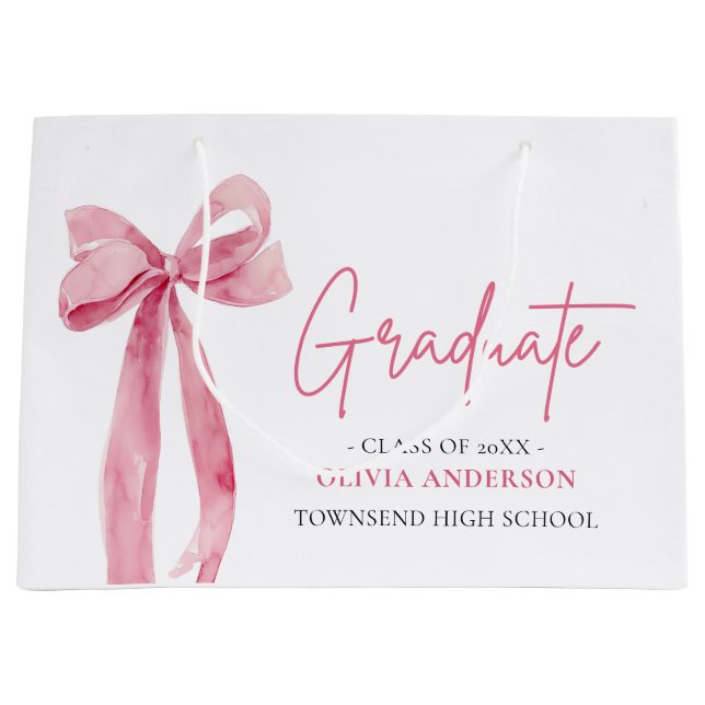 Modern Pink Bow Coquette Graduate Graduation Large Gift Bag (Front)