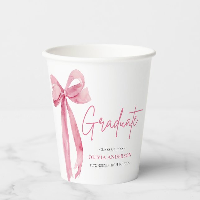 Modern Pink Bow Coquette Graduate Graduation Paper Cups (Front)