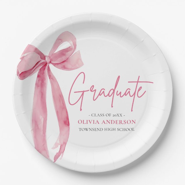 Modern Pink Bow Coquette Graduate Graduation Paper Plate (Front)