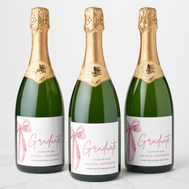 Modern Pink Bow Coquette Graduate Graduation Sparkling Wine Label (Bottles)