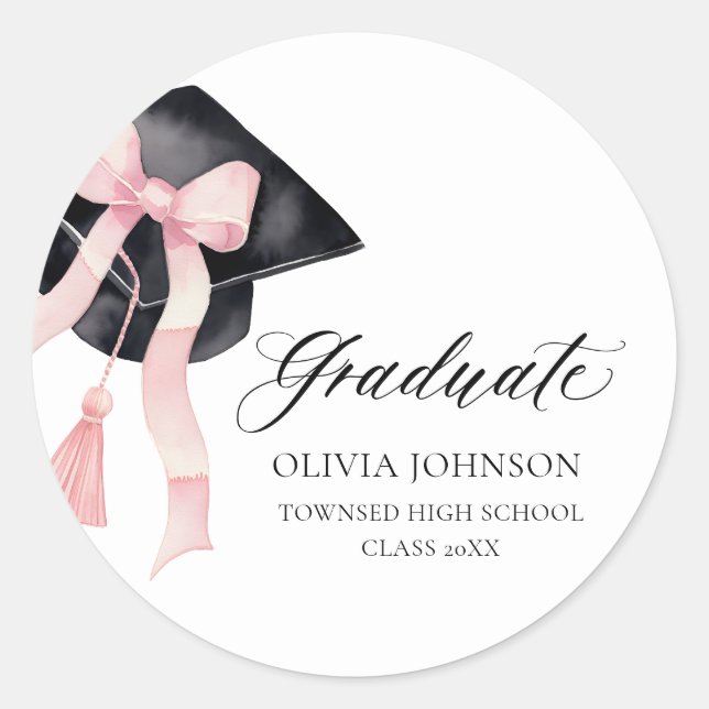 Modern Pink Bow Coquette Graduation Cap Graduate Classic Round Sticker (Front)