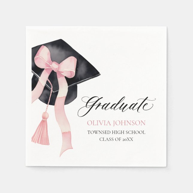 Modern Pink Bow Coquette Graduation Cap Graduate Napkin (Front)