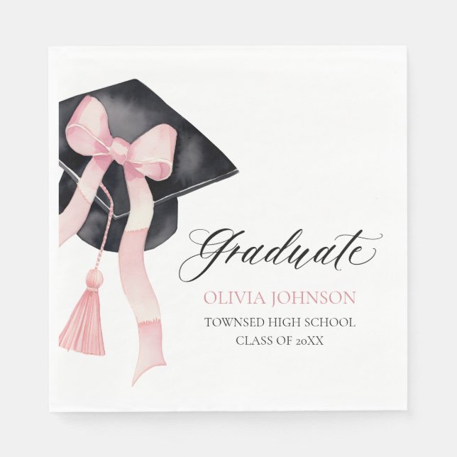 Modern Pink Bow Coquette Graduation Cap Graduate Napkin (Front)