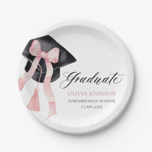 Modern Pink Bow Coquette Graduation Cap Graduate Paper Plate