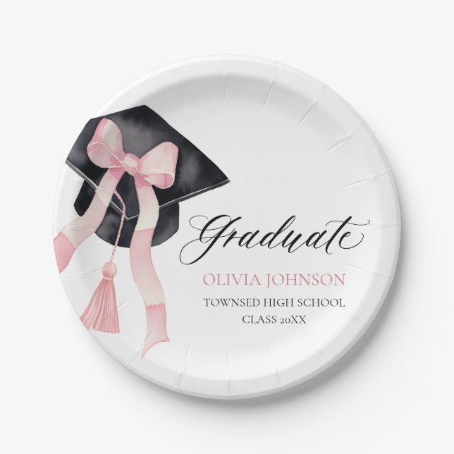Modern Pink Bow Coquette Graduation Cap Graduate Paper Plate (Front)