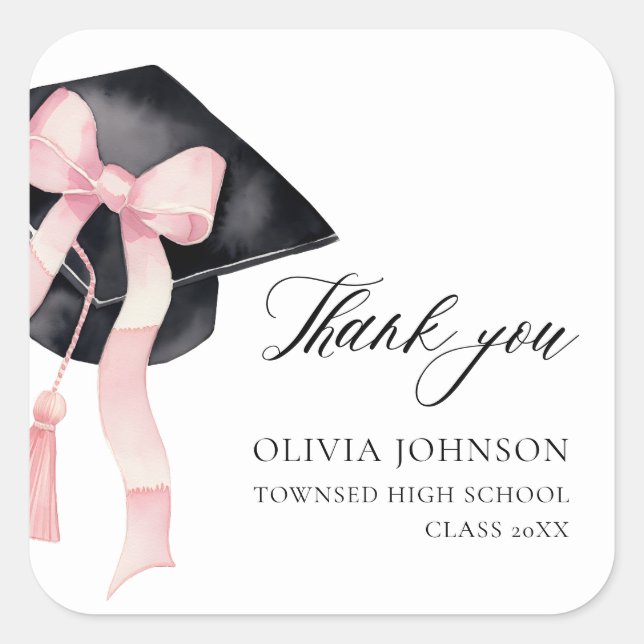Modern Pink Bow Coquette Graduation Cap Graduation Square Sticker (Front)