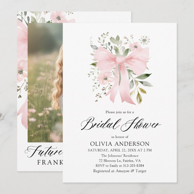 Modern Pink Bow Floral Love in Bloom Bridal Shower Invitation (Front/Back)