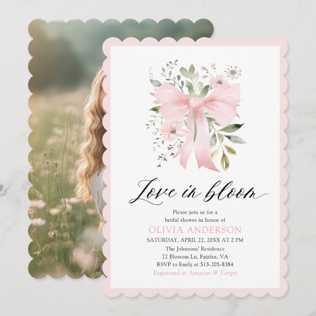 Modern Pink Bow Floral Love in Bloom Bridal Shower Invitation (Front/Back)