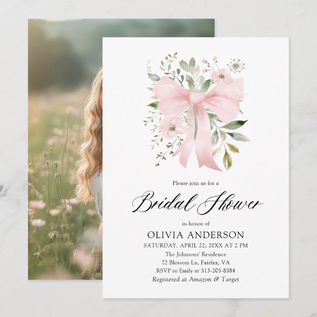 Modern Pink Bow Floral Love in Bloom Bridal Shower Invitation (Front/Back)