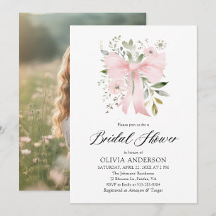 Modern Pink Bow Floral Love in Bloom Bridal Shower Invitation