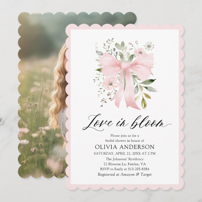 Modern Pink Bow Floral Love in Bloom Bridal Shower Invitation (Front/Back)