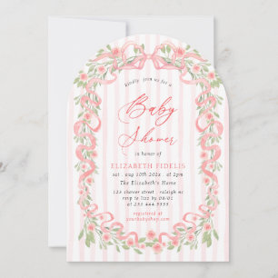 Modern Pink Bow Floral Roses Baby Shower Invitation