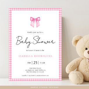 Modern Pink Bow Gingham Baby Shower Invitation