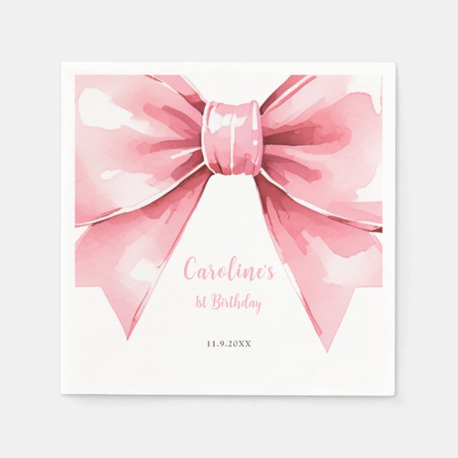 Modern Pink Bow Girl First Birthday Napkin (Front)
