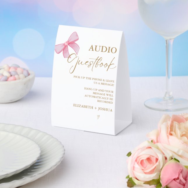 Modern Pink Bow Gold AUdio Guestbook table Sign (Insitu(Wedding))