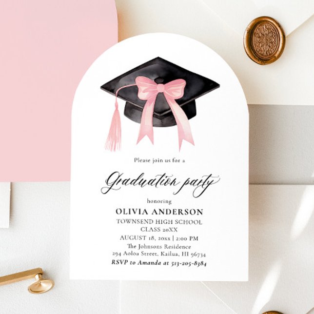 Modern Pink Bow Graduation Cap Graduation Arched Invitation (Creator Uploaded)