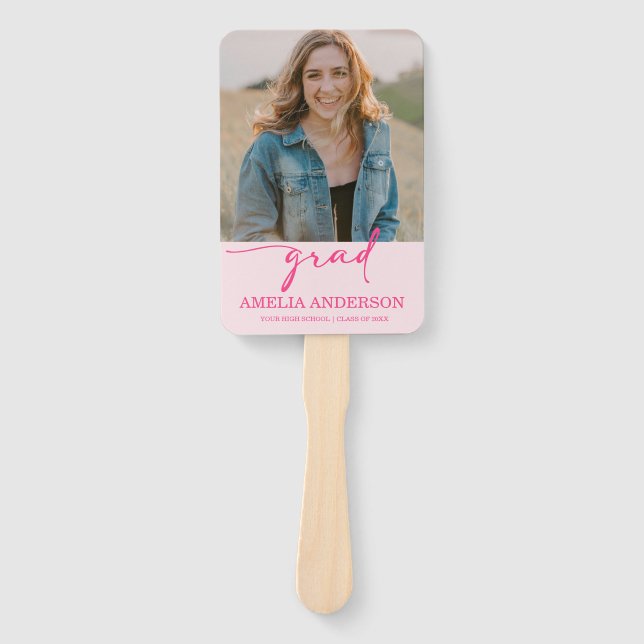 Modern Pink Bow Graduation Class of 2026 Photo Hand Fan (Front)