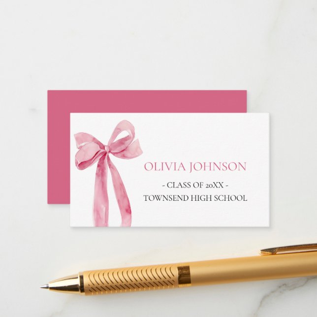 Modern Pink Bow Graduation Insert Name Card (Front/Back In Situ)