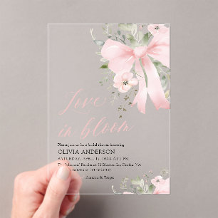 Modern Pink Bow Love in Bloom Floral Bridal Shower Acrylic Invitations