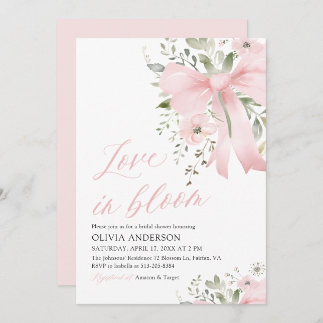 Modern Pink Bow Love in Bloom Floral Bridal Shower Invitation (Front/Back)