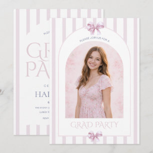 Modern Pink Bow Photo & Candy Stripe Graduation Invitation
