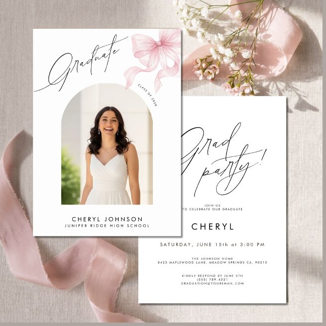 Modern Pink Bow Photo Graduation Party Invitation (Creator Uploaded)