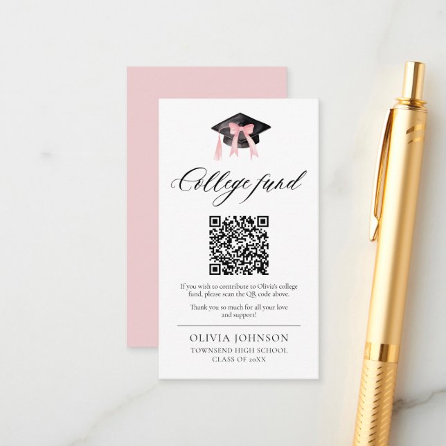 Modern Pink Bow QR Code College Fund Graduation Enclosure Card (Front/Back In Situ)