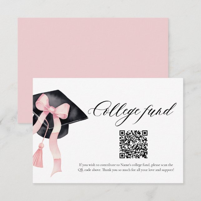Modern Pink Bow QR Code College Fund Graduation Enclosure Card (Front/Back)
