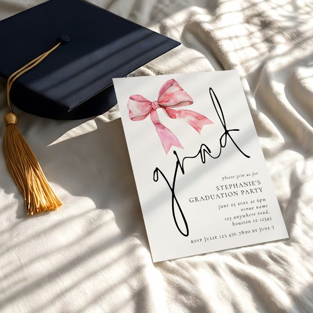 Modern Pink Bow Script Grad Graduation  Invitation (Creator Uploaded)