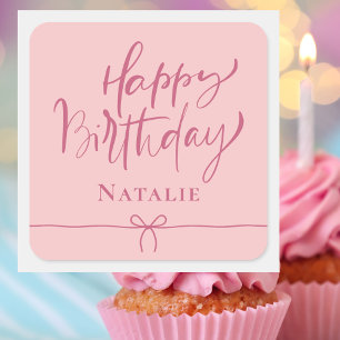 Modern Pink Bow Simple Happy Birthday Square Sticker