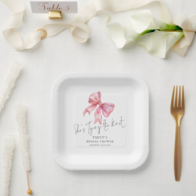 Modern Pink Bow Tying The Knot Bridal Shower Paper Plate (Wedding)