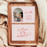 Modern Pink Bridesmaid Proposal Card with Photo<br><div class="desc">Unique bridesmaid proposal cards for your special people. Modern pink background with the text "Will you be my bridesmaid?" script in contrasting red. Add your own text and favourite photo to the back for that special touch. Background image by Freepik.</div>