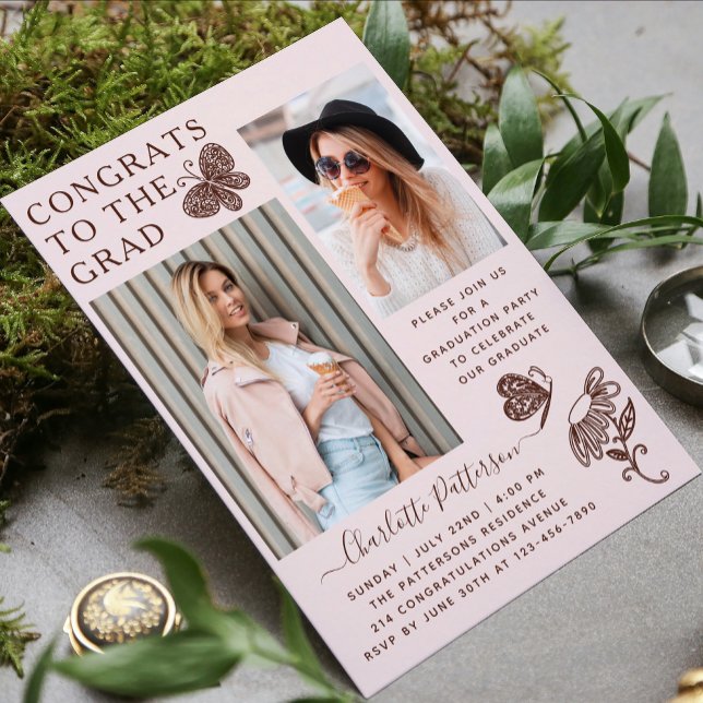 Modern Pink Brown Butterfly Photo Graduation Party Invitation (Creator Uploaded)