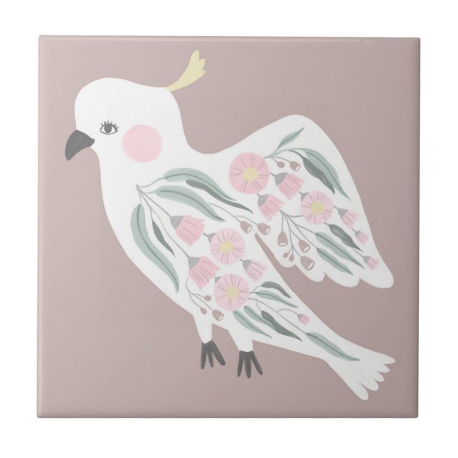 Modern Pink Brown Cockatoo Gum Leaves Painting Ceramic Tile (Front)