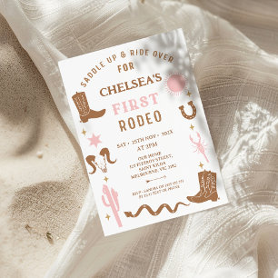 Modern Pink Brown Cowgirl First Rodeo 1st Birthday Invitation