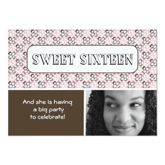 modern pink brown flower patterned sweet sixteen card