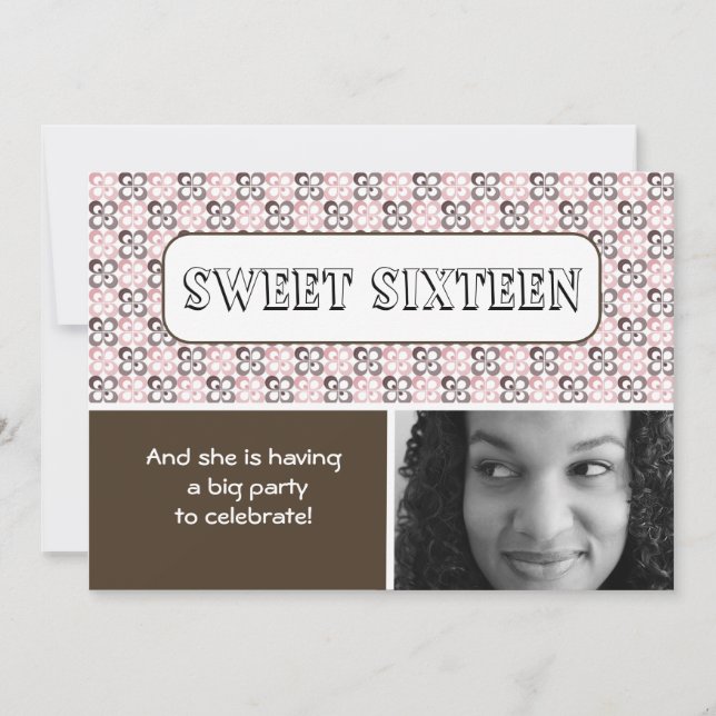 modern pink brown flower patterned sweet sixteen invitation (Front)